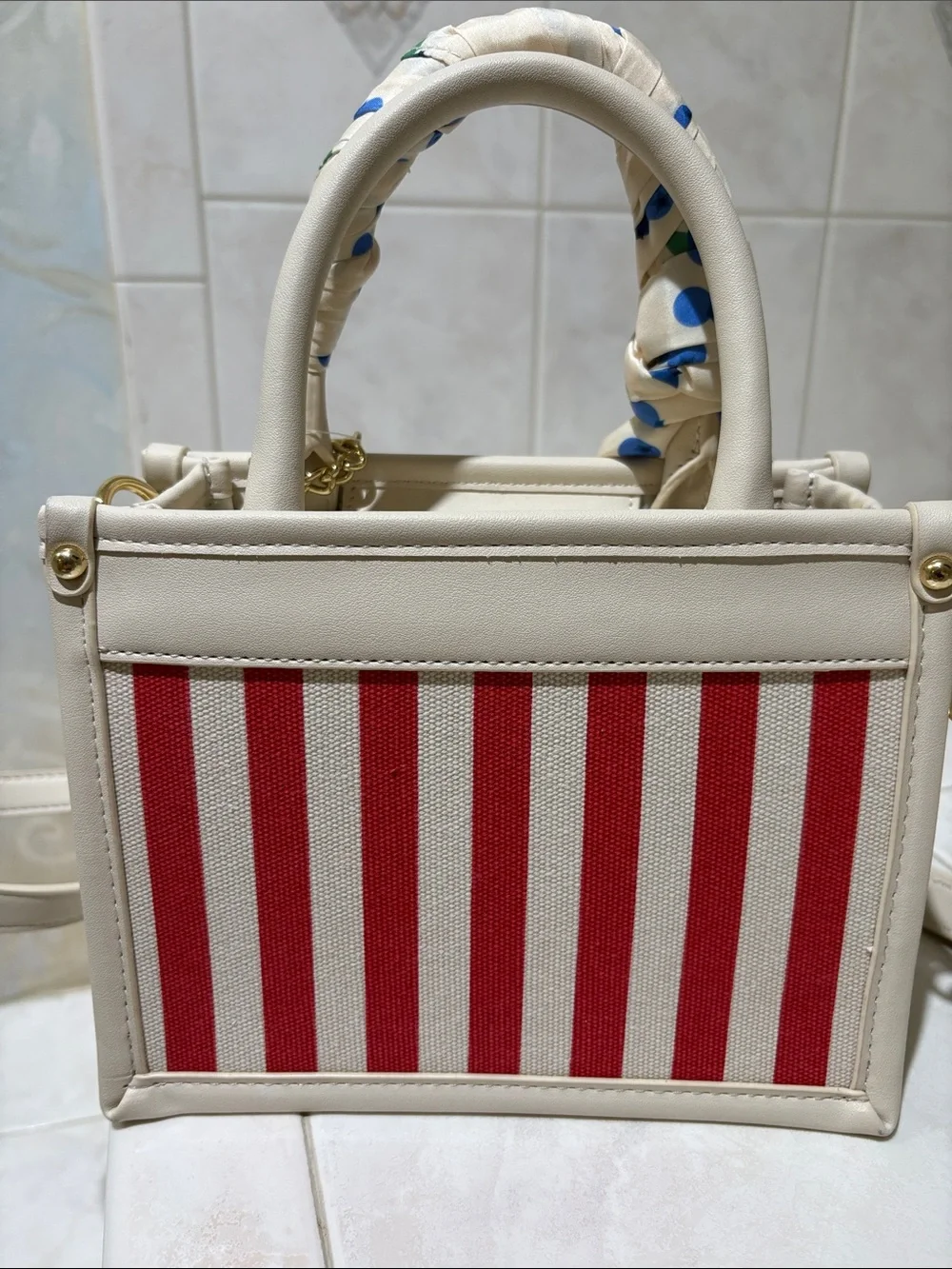 Betsey Johnson Cream and Red Striped Top-Handle Satchel with Blueberry Pom Charm